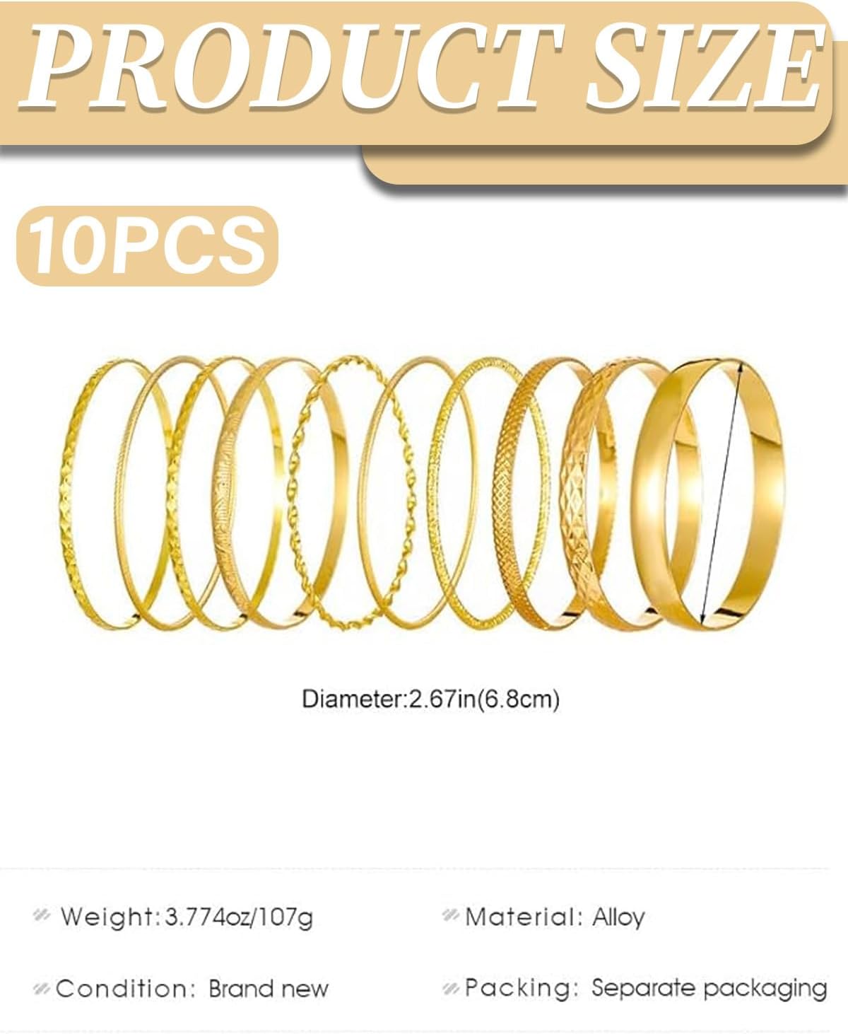 10Pcs Set di braccialetti rigidi in oro, Braccialetti Lucidi impilabili Indiani Confezione Multipla Braccialetti avvolgenti Bigiotteria per donne per feste di nozze