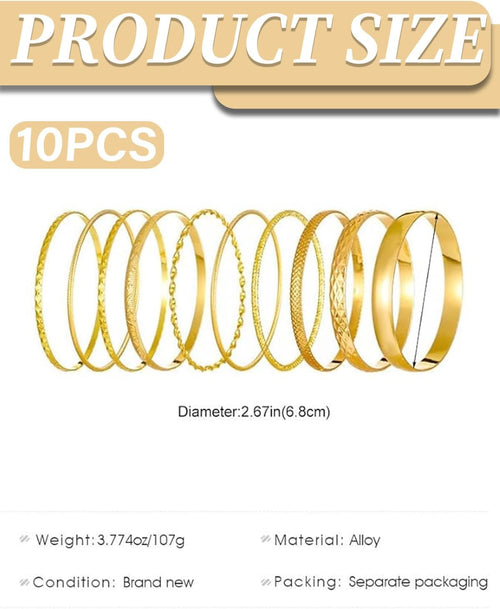 10Pcs Set di braccialetti rigidi in oro, Braccialetti Lucidi impilabili Indiani Confezione Multipla Braccialetti avvolgenti Bigiotteria per donne per feste di nozze
