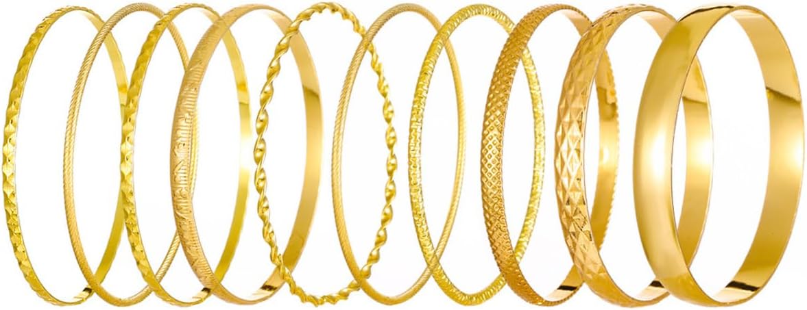 10Pcs Set di braccialetti rigidi in oro, Braccialetti Lucidi impilabili Indiani Confezione Multipla Braccialetti avvolgenti Bigiotteria per donne per feste di nozze