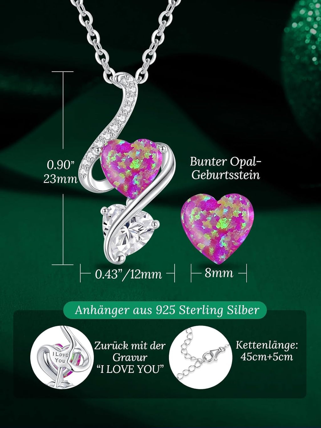 LOUISA SECRET Collana Donna Festa della Mamma Pendente Cuore Infinito da Donna in Argento Sterling 925 con Pietra Portafortuna Collana con Cuore di Fiamma Regalo per Lei