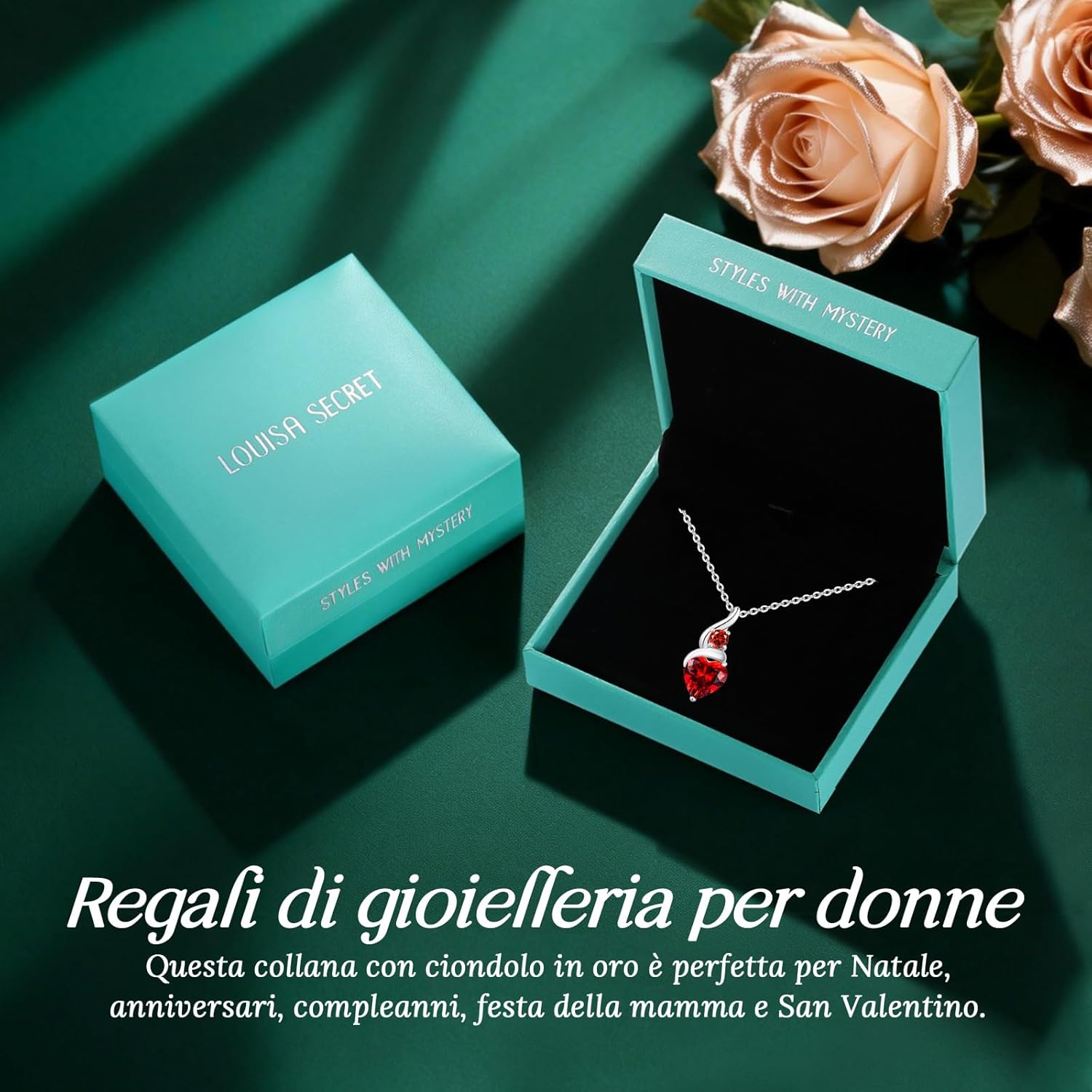 LOUISA SECRET Collana Donna Festa della Mamma Pendente Cuore Infinito da Donna in Argento Sterling 925 con Pietra Portafortuna Collana con Cuore di Fiamma Regalo per Lei