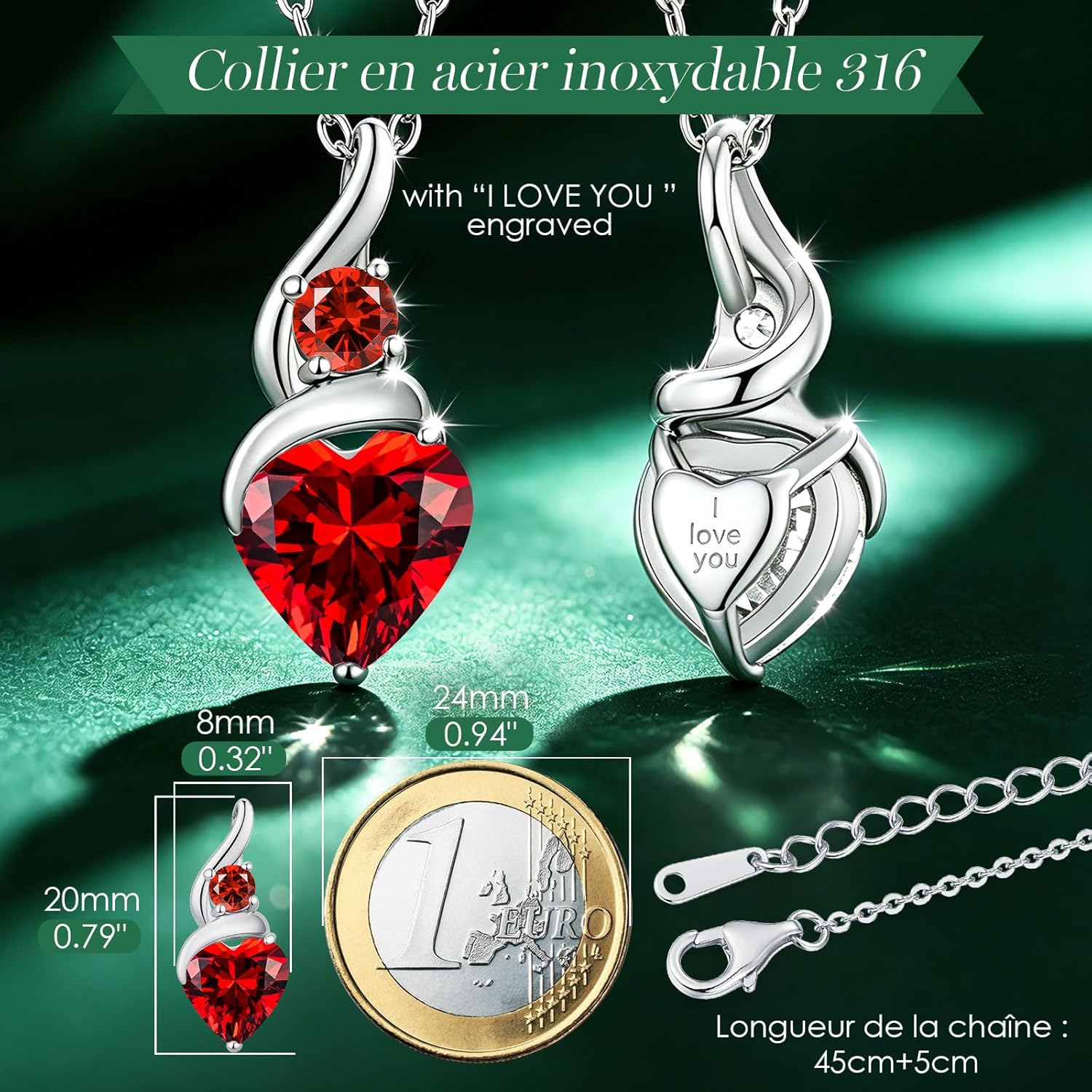 LOUISA SECRET Collana Donna Festa della Mamma Pendente Cuore Infinito da Donna in Argento Sterling 925 con Pietra Portafortuna Collana con Cuore di Fiamma Regalo per Lei